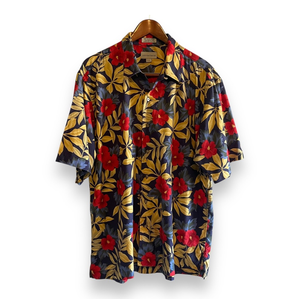 Cutter & Buck Mens Large Tropical Hibiscus Floral Button Down Shirt Loop Collar